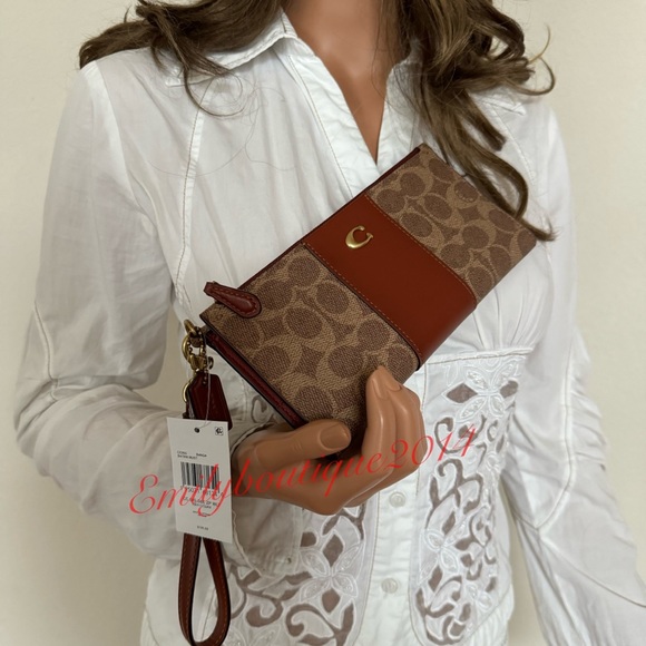 NWT Coach CC965 Double Zip In Signature Canvas Tan Rust Clutch Wallet Wristlet - Picture 2 of 8